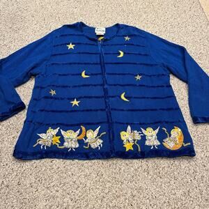 Quacker Factory Vintage Full Zip Embroidered Sweater Sz 3X Christmas Angel Stars